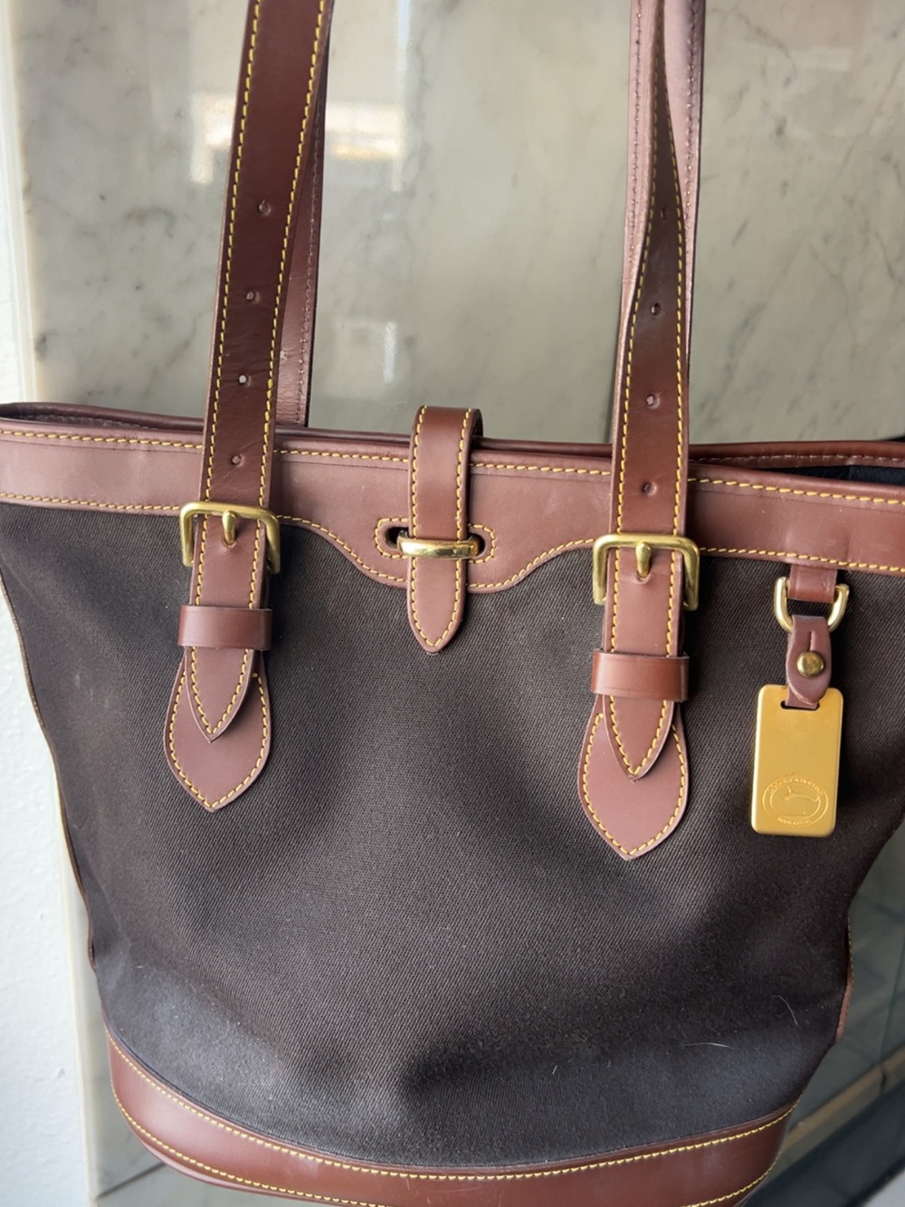 Dooney & Bourke Brown Canvas Tote with Tan Leather Trim